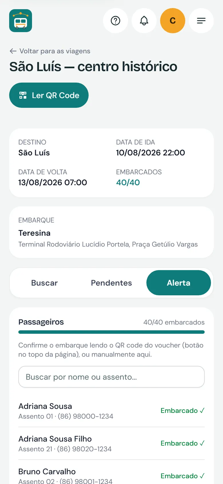 Lista de embarque do guia no celular